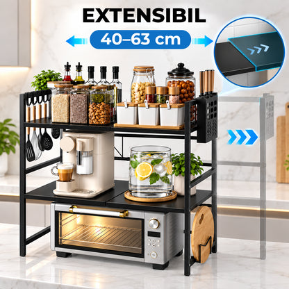 Raft Extensibil Elindor® pe 2 Niveluri, din Otel Carbon, pentru Bucatarie, Organizator Metalic Reglabil, Ideal ca Etajera Depozitare in Camara, Perfect pentru Condimente, Polita Vesela, Farfurii, 40-64 x 36 x 79 cm, Negru