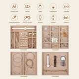 Cutie de Bijuterii Elindor® cu Capac, Organizator 4 Niveluri, 3x Sertar, Spatiu de Depozitare Inel, Verighete, Lantisoare, Bratari, Cercei, Caseta din Material Catifelat, Design Rafinat, Simplu si Elegant, Piele Ecologica, Bej