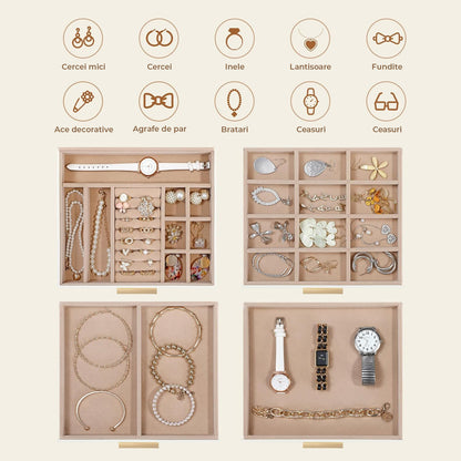 Cutie de Bijuterii Elindor® cu Capac, Organizator 4 Niveluri, 3x Sertar, Spatiu de Depozitare Inel, Verighete, Lantisoare, Bratari, Cercei, Caseta din Material Catifelat, Design Rafinat, Simplu si Elegant, Piele Ecologica, Bej