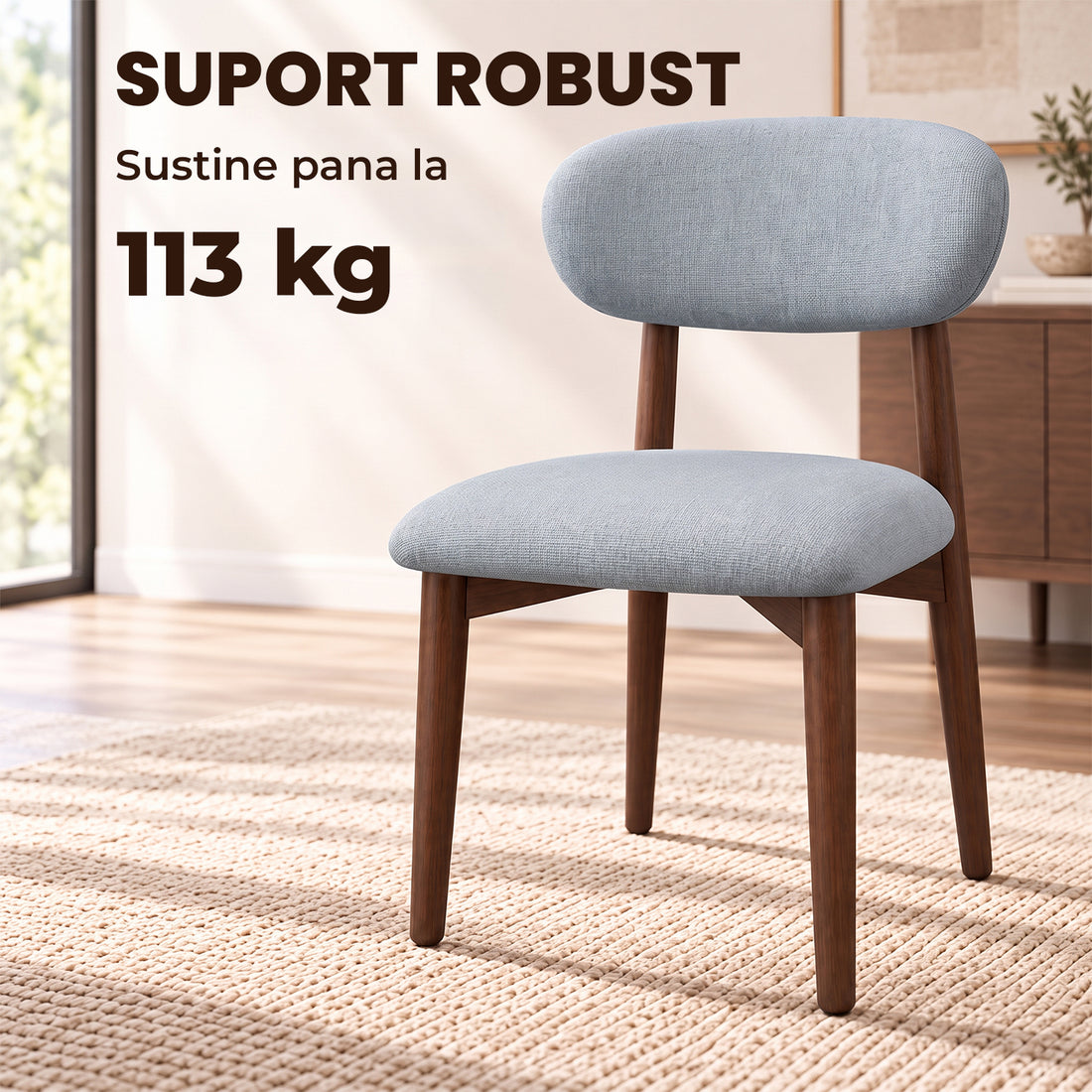 Set 2 Scaune Elindor® Ergonomice, Design Contemporan, Scaun cu Spatar si fara Manere, din Bumbac si In cu Picioare Maro Inchis, Potrivite pentru Living, Bucatarie, Birou, Dormitor, Gri Albastrui