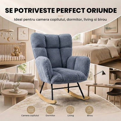 Fotoliu Balansoar Elindor® cu Spatar, Ergonomic, Cadru Solid din Otel, Ideal pentru Living, Dormitor, Camera Copilului, 68 x 88 x 93 cm, Albastru-Gri