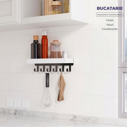 Suport pentru Chei din Lemn Elindor® pentru Perete, cu 6 Carlige, Maontare cu Adeziv sau Suruburi, Compact si Durabil, pentru Hol, Sufragerie, Bucatariei, Dormitor, 25 x 6 x 6 cm, Alb