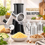 Razatoare Rotativa 3 in 1 Elindor® cu Maner, Lame din Otel Inoxidabil, Tocator Legume, Razatoare Branza, Morcovi, Varza, Ustensila de Bucatarie, Design Compact, Multifunctional, Negru