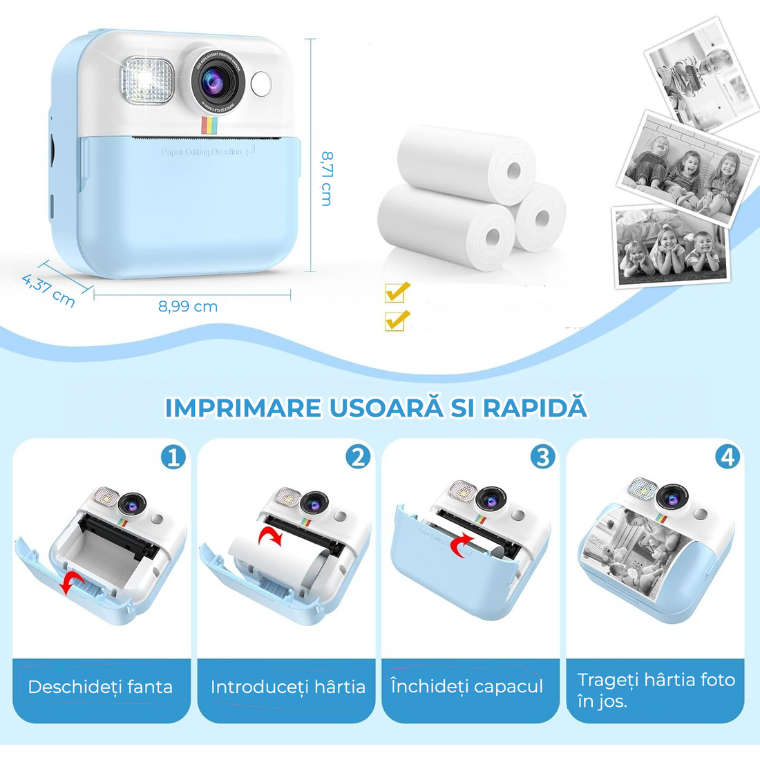 Camera Foto Instant Pentru Copii Elindor®, Ecran 2.4 Inch, 1080P, 16X Zoom, Printare Fara Cerneala, 3 Role Hartie Incluse, 32GB SD, Albastru