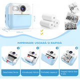 Camera Foto Instant Pentru Copii Elindor®, Ecran 2.4 Inch, 1080P, 16X Zoom, Printare Fara Cerneala, 3 Role Hartie Incluse, 32GB SD, Albastru