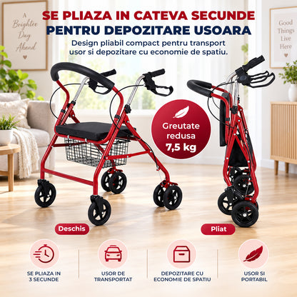 Cadru de Mers Elindor®, Pliabil, cu 4 Roti, Sezut Captusit, Spatar, Frane de Mana cu Blocare, Manere Reglabile pe 4 Niveluri, Cos Depozitare, pentru Persoanele cu Dificultati Locomotorii sau in Etate, Sarcina 120 kg, Rosu