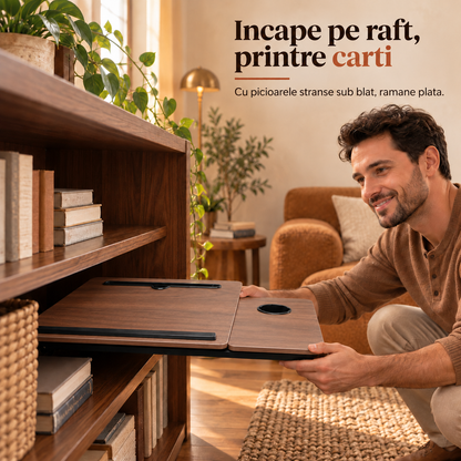Masa Pliabila pentru Laptop Elindor® cu Suport Pahar, Antiderapanta, Unghiuri de Inclinare, Usor de Depozitat, Birou Portabil Utilizare in Orice Loc, Ideala la Munca sau Mic Dejun la Pat, Maro / Negru