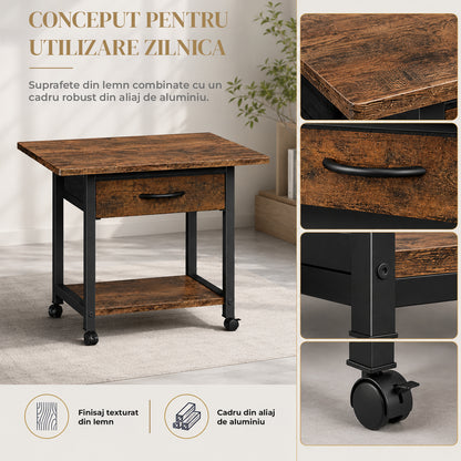 Carucior Organizator 2 Niveluri Elindor® , cu Roti 360°, cu Sertar, Organizator Bucatarie, Raft Mobil Organizare Baie, Camara, Birou, Bar, 55.9 x 38.1 x 40.6 cm, Negru / Maro
