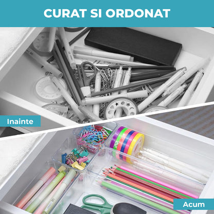 Set 15 Cutii Depozitare Elindor® Organizator pentru Bucatarie si Baie, 4 Marimi, Organizatoare Dulap si Sertare, Cutie pentru Sertar, Frigider, Camara, Baie, Bar, Birou, Cos Multifunctional, Separator Fructe, Legume, Creme, Parfumuri, PP