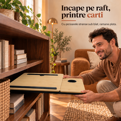 Masa Pliabila pentru Laptop Elindor® cu Suport Pahar, Antiderapanta, Unghiuri de Inclinare, Usor de Depozitat, Birou Portabil Utilizare in Orice Loc, Ideala la Munca sau Mic Dejun la Pat, Bej / Negru
