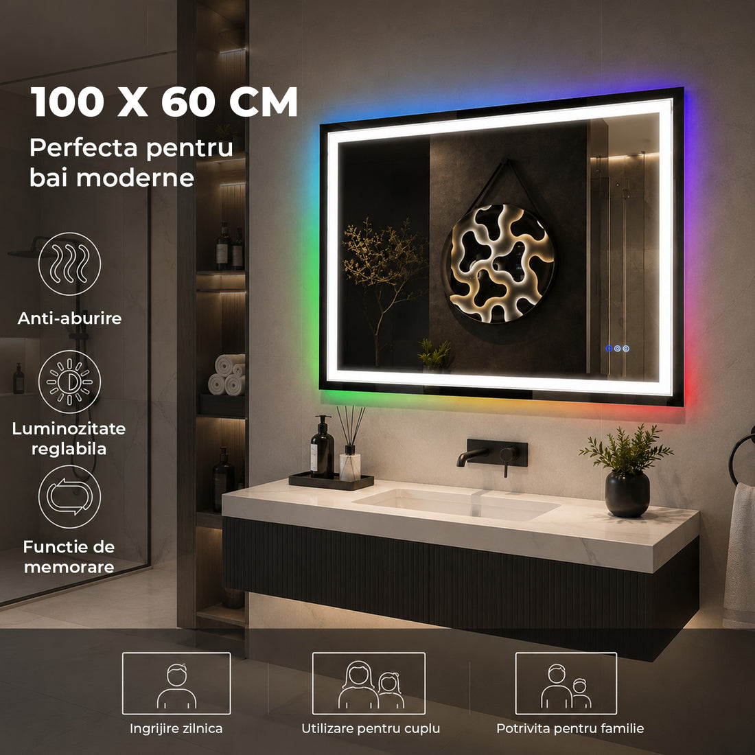 Oglinda de Perete Elindor® Antiaburire, Dreptunghiulara, Montare pe Orizontala, fara Rama, Ideala pentru Baie, Iluminare Led RGB, Buton ON/OFF Luminat si Noaptea, Rezistenta la Umiditate IP44, 100 x 60 cm