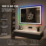 Oglinda de Perete Elindor® Antiaburire, Dreptunghiulara, Montare pe Orizontala, fara Rama, Ideala pentru Baie, Iluminare Led RGB, Buton ON/OFF Luminat si Noaptea, Rezistenta la Umiditate IP44, 100 x 60 cm
