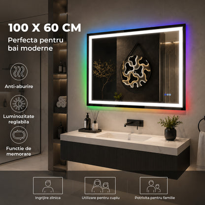 Oglinda de Perete Elindor® Antiaburire, Dreptunghiulara, Montare pe Orizontala, fara Rama, Ideala pentru Baie, Iluminare Led RGB, Buton ON/OFF Luminat si Noaptea, Rezistenta la Umiditate IP44, 100 x 60 cm