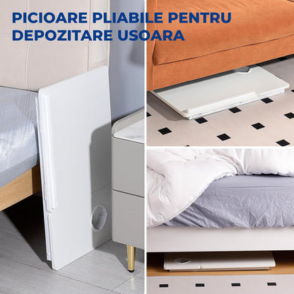 Masa Pliabila pentru Laptop Elindor® Suport Inaltime Reglabila 5 Trepte, Unghi Ajustabil, Antiderapanta, Usor de Depozitat, Birou Portabil cu Suport pentru Pahar si Mouse, Utilizare in Orice Loc, Ideala la Munca sau Mic Dejun la Pat, Alb