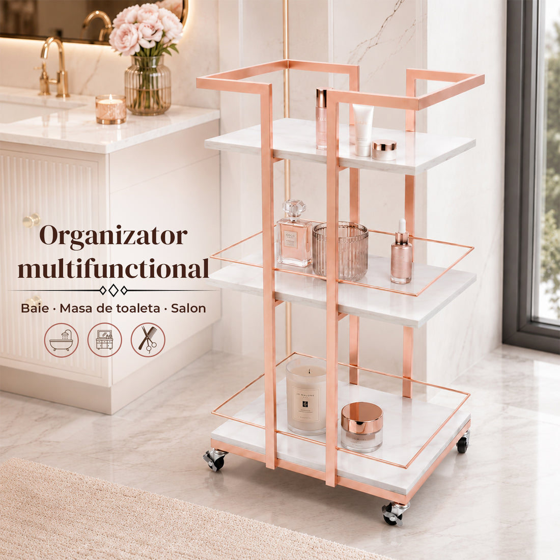 Carucior Organizator 3 Niveluri Elindor® , cu Roti 360°, Organizator Baie, Multifunctional, Raft Mobil Organizare Salon, Bucatarie, Camara, Birou, Bar, 76 x 33 x 43 cm, Rose Gold