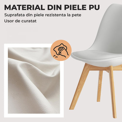 Set 4 Scaune Bucatarie Albe Elindor® din Piele Ecologica, Picioare din Lemn, Scaun Confortabil, Perna Sezut, Elegant, pentru Bucatarie, Dormitor, Living, 50 x 45 x 81 cm