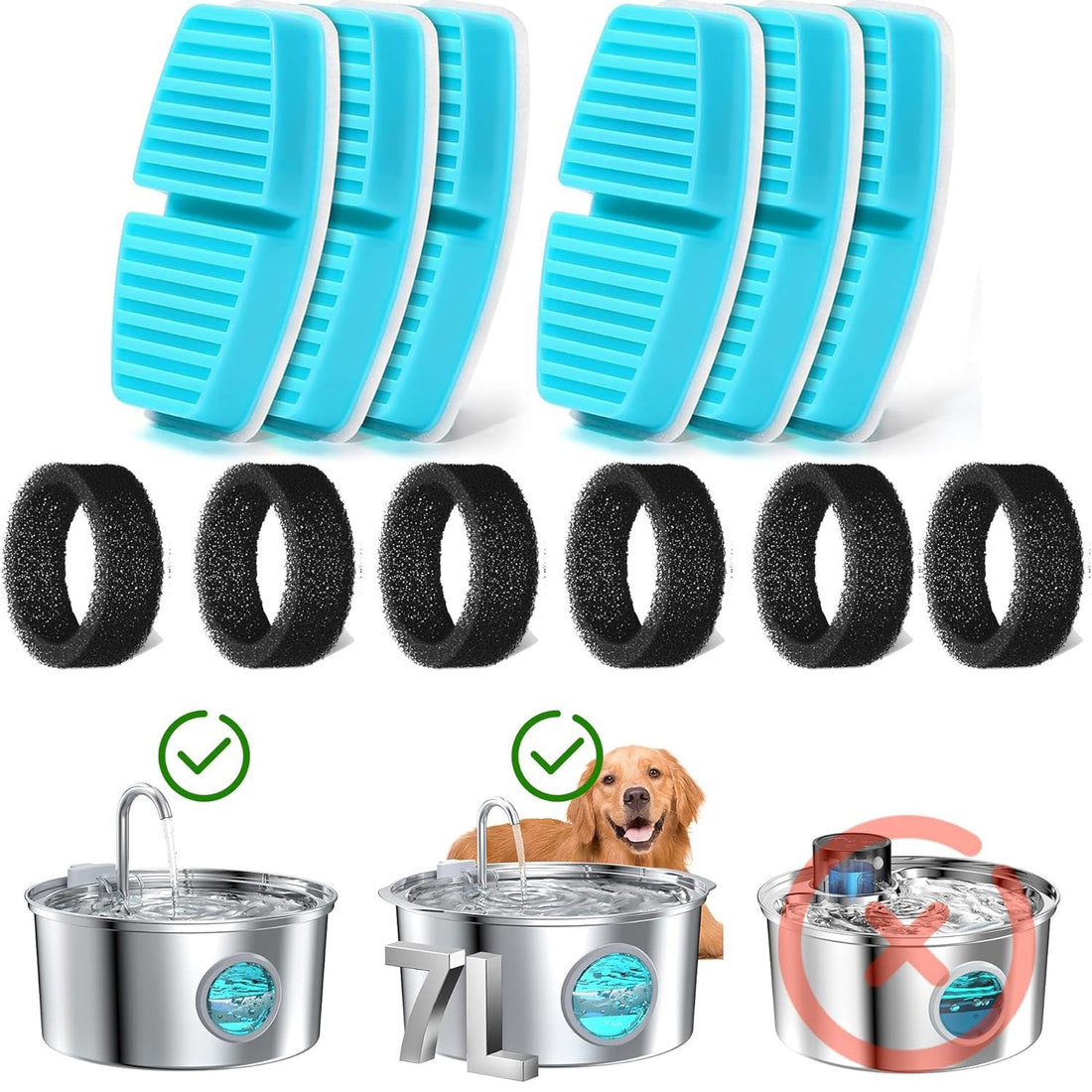 Set 6 Filtre de Rezerva + 6 Filtre de Burete pentru Dispenser de Apa Elindor, Tip Adapator Fantana pentru Pisici si Caini, Purificare, Carbon Activ, Rasina de Ioni, Elimina Eficient Impuritatile si Firele de Par, Cyan