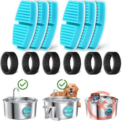 Set 6 Filtre de Rezerva + 6 Filtre de Burete pentru Dispenser de Apa Elindor, Tip Adapator Fantana pentru Pisici si Caini, Purificare, Carbon Activ, Rasina de Ioni, Elimina Eficient Impuritatile si Firele de Par, Cyan