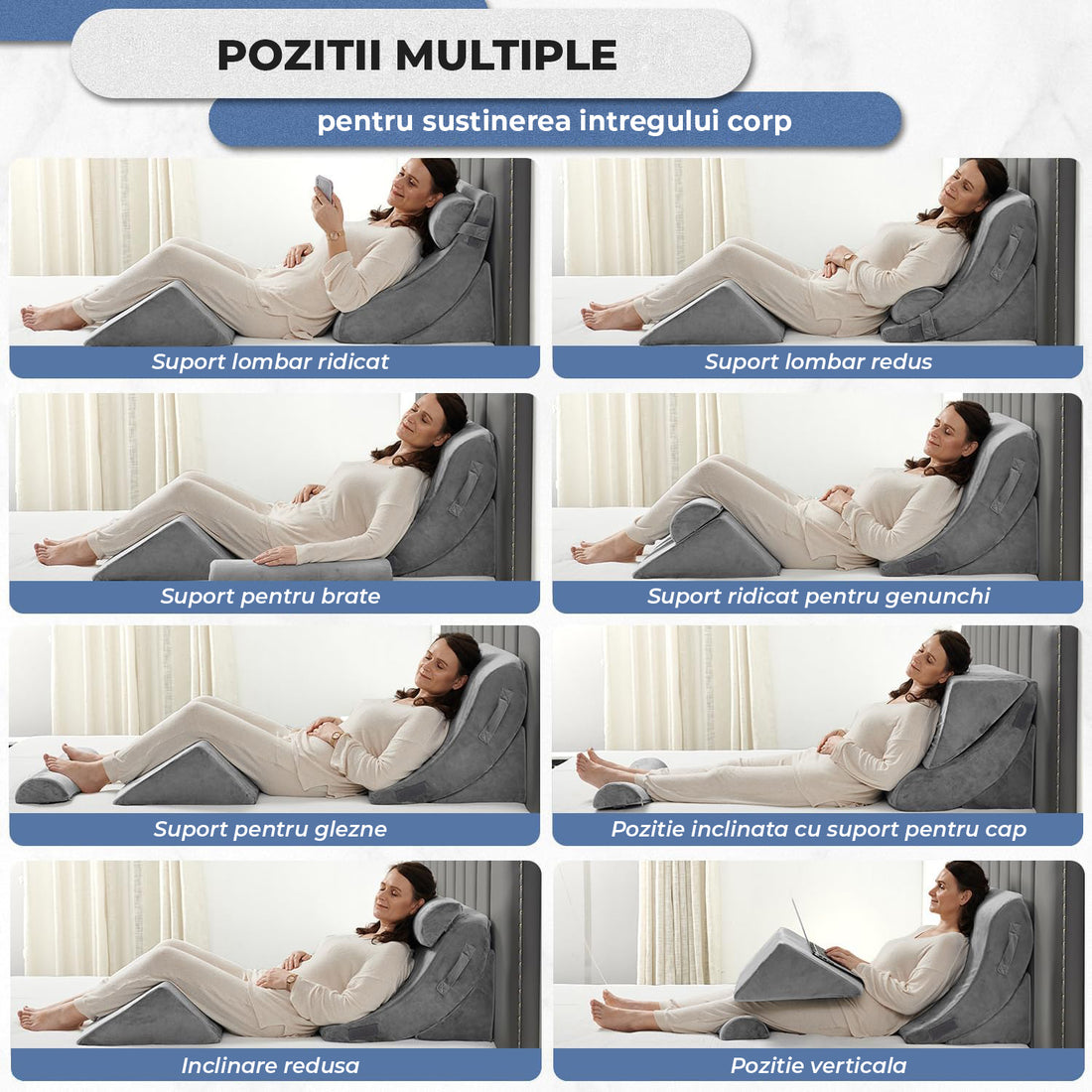 Set 4 Perne Ortopedice Elindor® pentru Pat, Perna Spuma cu Memorie, Hipoalergenica, Suport Spate, Picioare, Genunchi, Post-Operator, Anti-Reflux, Antisforait, Antirid, Pliabile, Hipoalergenic, Reglabile, Gri