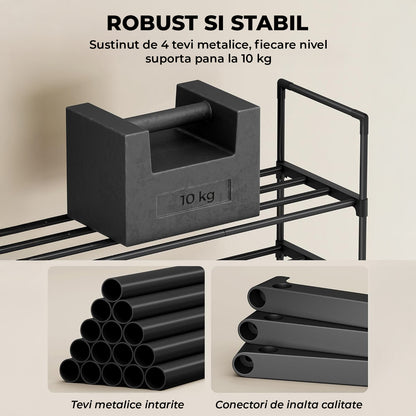 Organizator pentru Pantofi Elindor® Pantofar cu 3 Nivele Mari, Fara Gauri, Suport Metalic pentru Papuci, Dulap Hol, Dormitor, Economisire Spatiu, Depozitare Incaltaminte, 30 × 92 × 55 cm, Negru