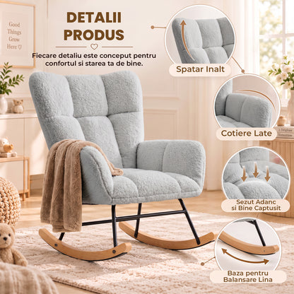 Fotoliu Balansoar Elindor® cu Spatar, Ergonomic, Cadru Solid din Otel, Ideal pentru Living, Dormitor, Camera Copilului, 68 x 88 x 93 cm, Gri Albastrui Deschis