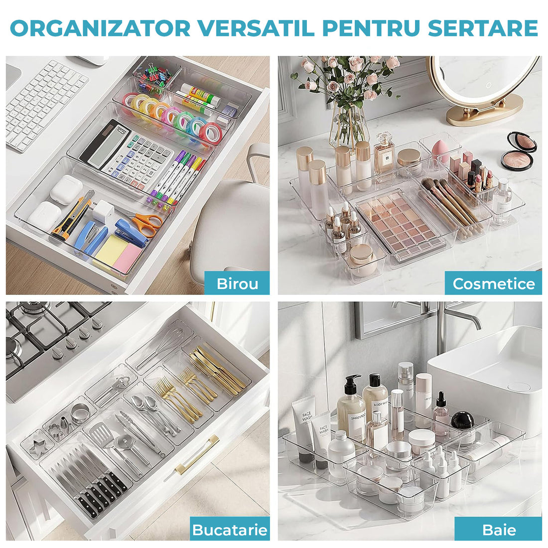 Set 16 Cutii Depozitare Elindor® Organizator pentru Bucatarie si Baie, 4 Marimi, Organizatoare Dulap si Sertare, Cutie pentru Sertar, Frigider, Camara, Baie, Bar, Birou, Cos Multifunctional, Separator Fructe, Legume, Creme, Parfumuri, PP