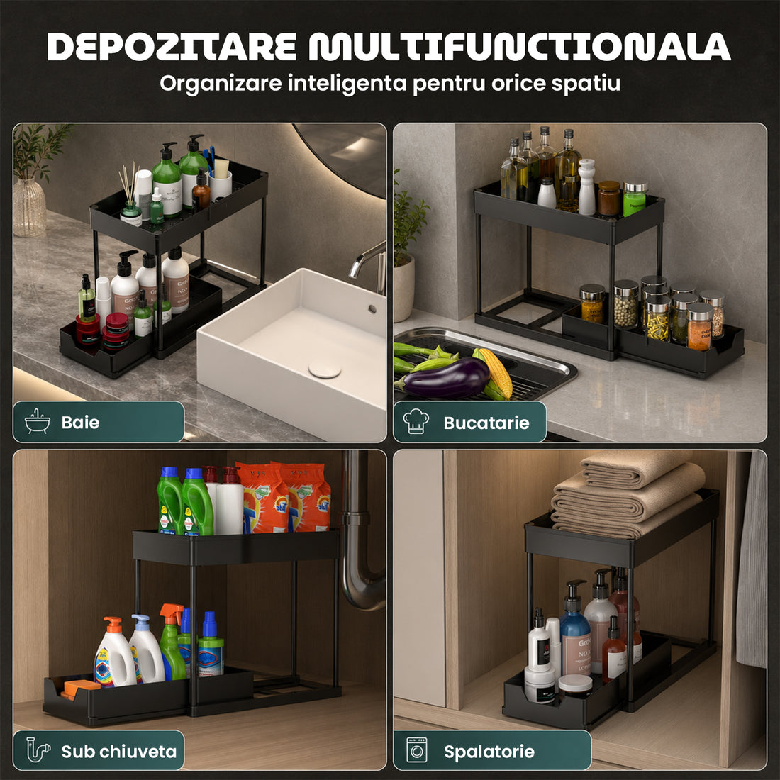 Organizator Multifunctional Elindor® pe 2 Nivele, Sertar Glisant Organizare, pe Blat sau in Dulap sub Chiuveta, 16 Carlige, Suport Plastic, pentru Bucatarie, Baie, Camara, Bar, Raft cu Sertare Depozitare Legume, Detergenti, Parfumuri, 39.5x21.6x39, Negru