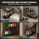 Organizator Multifunctional Elindor® pe 2 Nivele, Sertar Glisant Organizare, pe Blat sau in Dulap sub Chiuveta, 16 Carlige, Suport Plastic, pentru Bucatarie, Baie, Camara, Bar, Raft cu Sertare Depozitare Legume, Detergenti, Parfumuri, 39.5x21.6x39, Negru