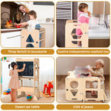 Turn de Invatare Elindor®, Design 3 in 1 Multifunctional pentru Copii, Scaun Montessori Pliabil cu Tabla de Scris, Bare pentru Protectie, Lemn Pin, Antialunecare, pentru Interior, 88 x 32 x 43 cm, Bej / Natur