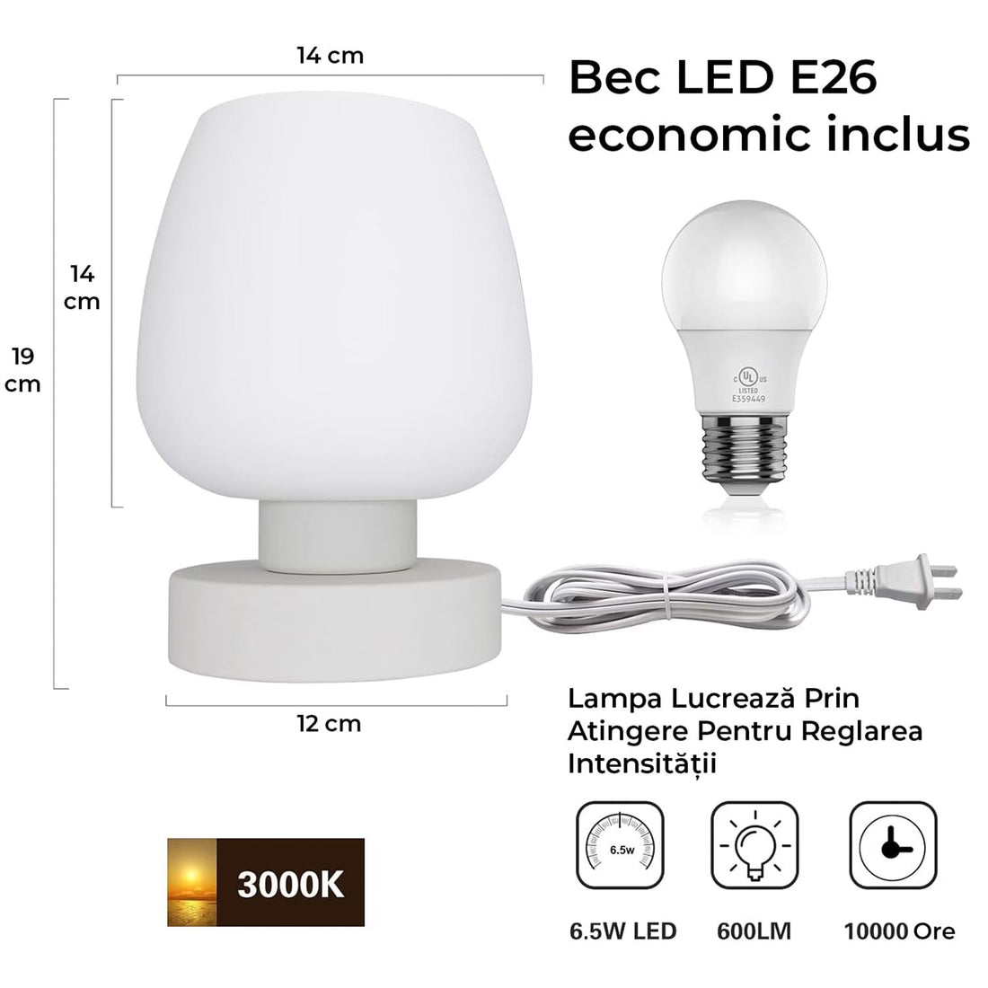Veioza Dormitor si Birou, Design Modern Minimalist cu Bec LED de Lumina Calda Inclus, 3 Moduri de Functionare, Control prin Atingere