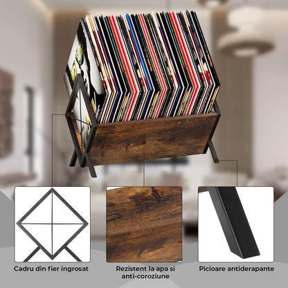 Suport Viniluri Elindor®, Organizator Discuri Vinyl 80-100 LP, Raft Metal si Lemn Stil Retro pentru Discuri, Reviste si Carti, 40 × 22 × 30.5 cm, Maro Rustic
