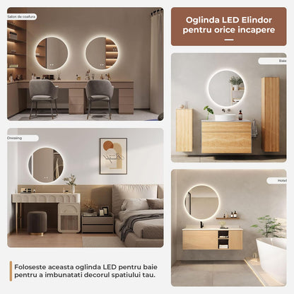 Oglinda de Perete Elindor® Rotunda, fara Rama, Decorativa, Eleganta, Ideala pentru Baie, Birou, Hol, Living, Dressing, Iluminare Led, Intensitate Ajustabila, Antiaburire, Temperatura de Culoare 6000K, 80 x 80 cm