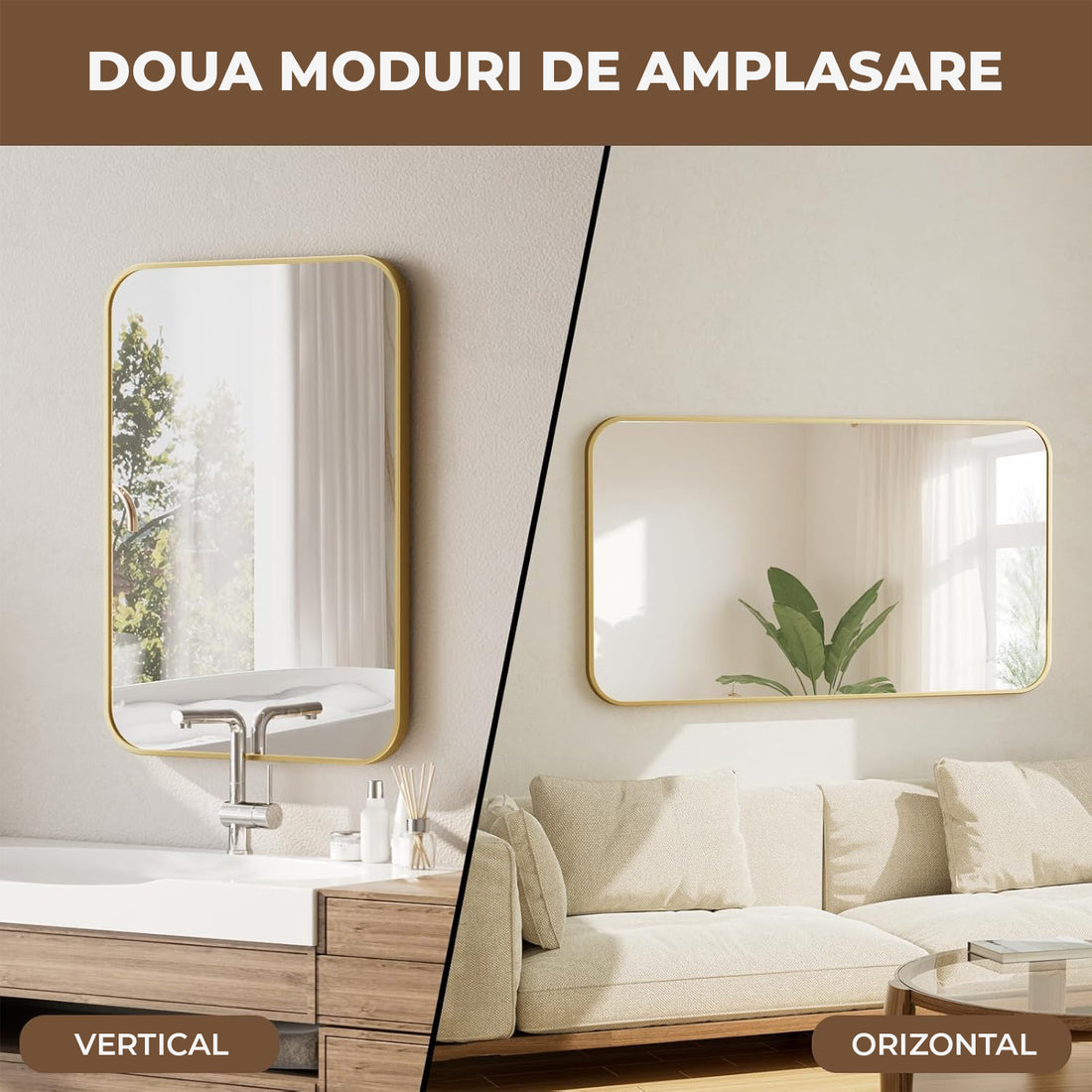 Oglinda Decorativa Elindor® Agatare pe Perete sau Sprijinita, Aurie, Dreptunghiulara, Colturi Rotunjite, Moderna si Eleganta, Reflexie HD, Sticla fara Distorsiuni, Ideala pentru Dormitor, Living, Birou, Dressing, Hol, Baie, Rama Metalica, 90x60 cm