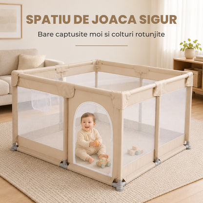 Tarc de Joaca pentru Bebelusi si Copii Elindor® cu Husa Groasa din Spuma, Spatiul Sigur de Joaca, Plasa de Protectie, Include Usa cu Fermoar, Materiale Eco-Friendly și Non-Toxice, Varsta 0-5 ani, 200 x 200 x 65 cm, Bej