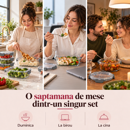 Set de 12 Caserole Elindor® din Sticla Borosilicata, Recipiente Ingrediente pentru Bucatarie, pentru Alimente Uscate, Recipient pentru Depozitare Zahar, Cafea, Paste, Cereale, Capac Etans, 320–1040 ml, Gri