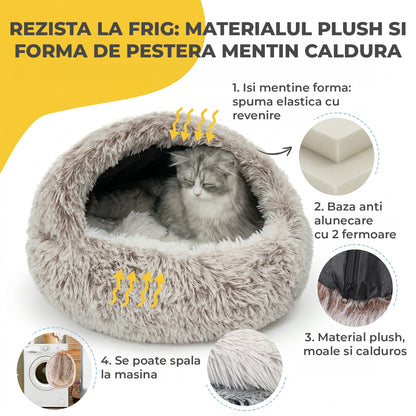 Pat Confortabil pentru Caini si Pisici Elindor® Rotund, Culcus Moale Antiderapant, Potrivit pentru Caine si Pisica de Talie Mica si Medie, Ideal in Orice Anotimp, in Casa, 60 × 60 × 16 cm, Alb / Bej