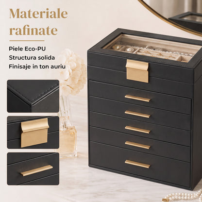 Cutie de Bijuterii Elindor® Organizator pe 6 Niveluri, Sertar x5, Spatiu de Depozitare pentru Inel, Verighete, Lantisoare, Bratari, Cercei, Caseta din Material Catifelat, Design Rafinat, Simplu si Elegant, Piele Ecologica Neagra, 15 x 25 x 28.5 cm