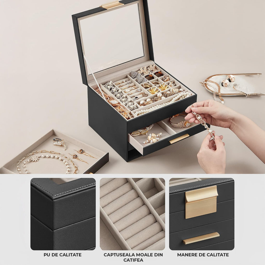 Cutie de Bijuterii Elindor® cu Capac, Organizator 4 Niveluri, 3x Sertar, Spatiu de Depozitare Inel, Verighete, Lantisoare, Bratari, Cercei, Caseta din Material Catifelat, Design Rafinat, Simplu si Elegant, Piele Ecologica Neagra, 23×20x16