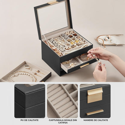 Cutie de Bijuterii Elindor® cu Capac, Organizator 4 Niveluri, 3x Sertar, Spatiu de Depozitare Inel, Verighete, Lantisoare, Bratari, Cercei, Caseta din Material Catifelat, Design Rafinat, Simplu si Elegant, Piele Ecologica Neagra, 23×20x16