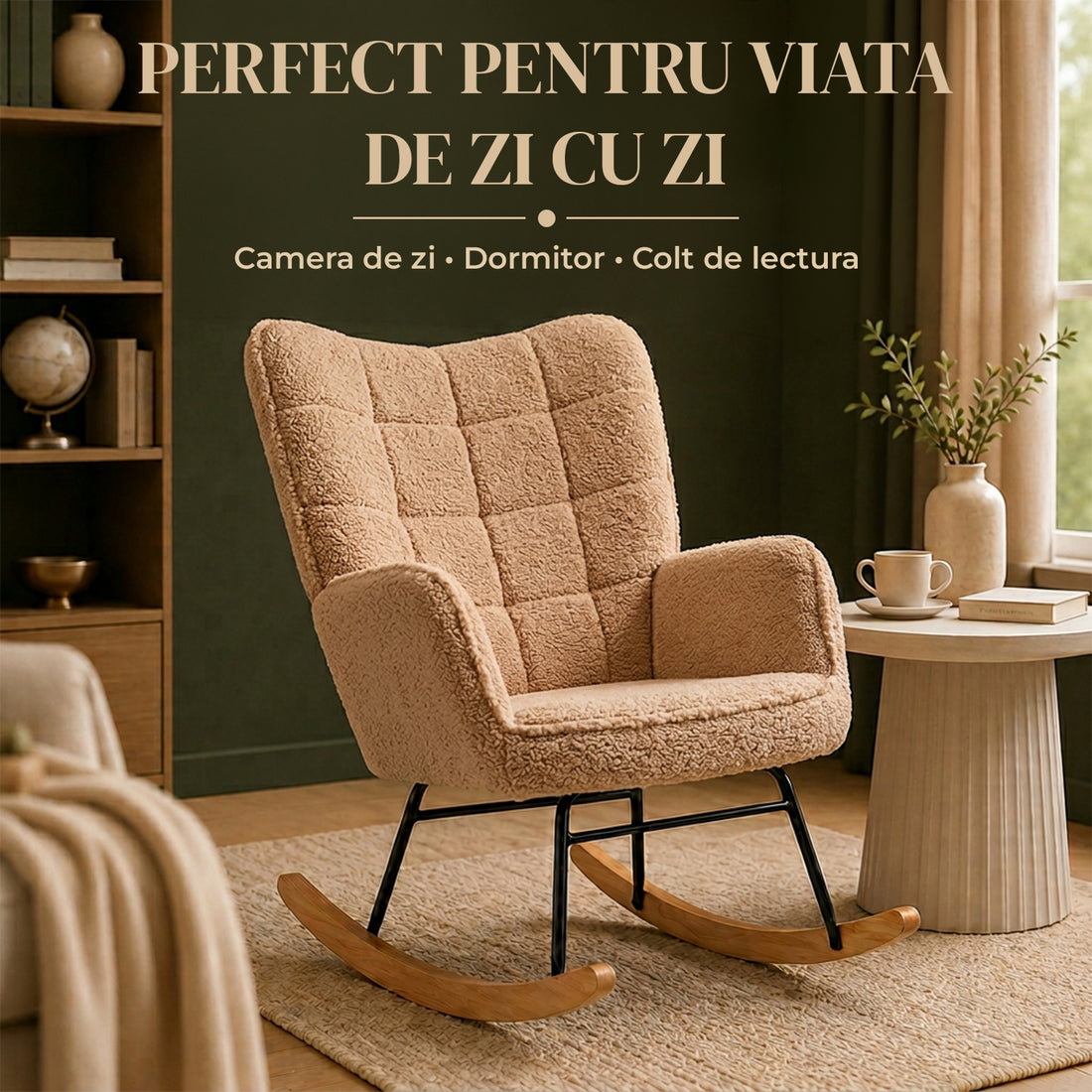 Fotoliu Balansoar Elindor® cu Spatar Inalt, Pufos, Ergonomic, Cadru Solid din Otel si Lemn, Suporta 120 kg, Ideal pentru Camera Copilului, Living sau Dormitor, 101 × 98× 71 cm, Maro