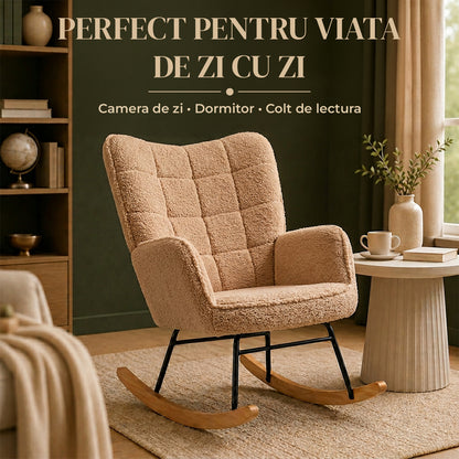 Fotoliu Balansoar Elindor® cu Spatar Inalt, Pufos, Ergonomic, Cadru Solid din Otel si Lemn, Suporta 120 kg, Ideal pentru Camera Copilului, Living sau Dormitor, 101 × 98× 71 cm, Maro
