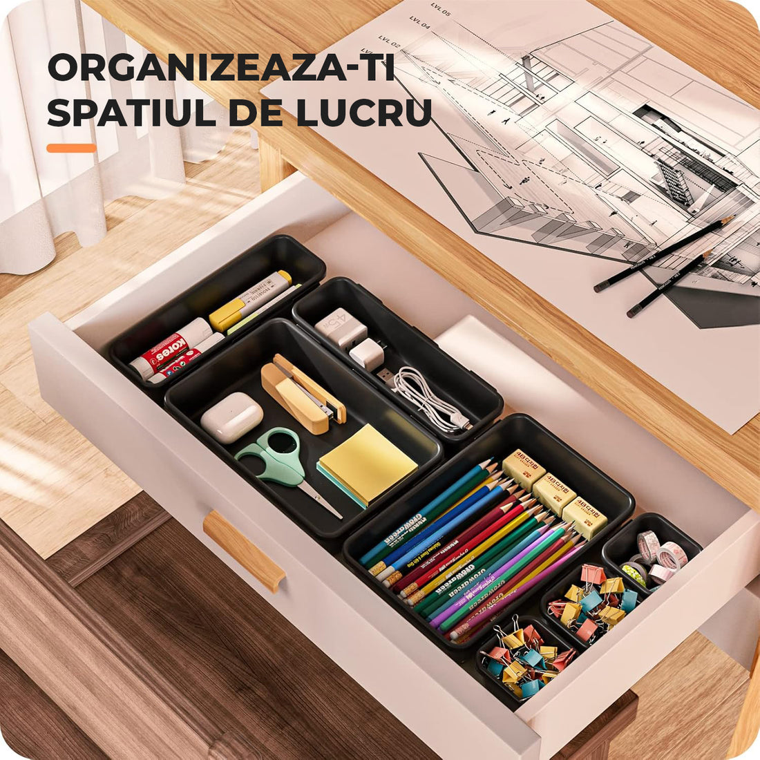 Set 22 Cutii Depozitare Elindor® Organizator pentru Bucatarie si Baie, 3 Marimi, Organizatoare Dulap si Sertare, Cutie pentru Sertar, Frigider, Camara, Baie, Bar, Birou, Cos Multifunctional, Separator Fructe, Legume, Creme, Parfumuri, PP