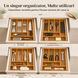 Organizator Fix Elindor® din Bambus, pentru Depozitare Tacamuri si Ustensile de Bucatarie, Furculite, Linguri, Cutite, Suport 6 Compartimente, Separator Sertare Spatios, Accesorii Organizare, Sertar 43 x 30.5 x 5 cm, Bej