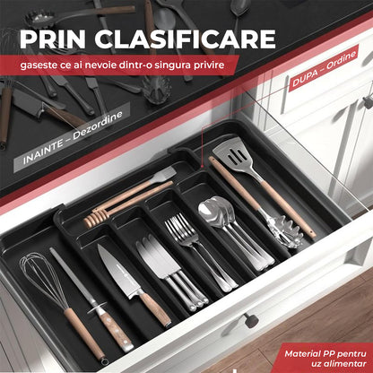 Organizator Elindor® pentru Tacamuri si Ustensile de Bucatarie, 5-7 Compartimente, Sertar Extensibil, Suport Ajustabil pentru Cutite, Linguri, Furculite, Accesorii Bucatarie, Separator Sertar, 32 × 22 × 4 cm, Negru