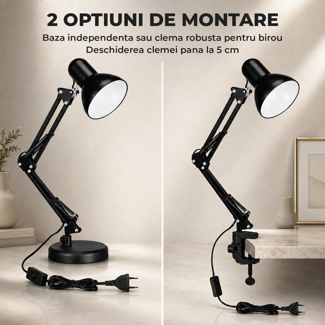 Lampa de Birou Elindor® Neagra cu LED, 3 Moduri Lumina Camera Rece/Cald si 10 Intensitati, Soclu Compatibil E26/E27, Veioza cu 2 Moduri de Utilizare cu Clema sau pe Birou, Brat Reglabil, Protectie pentru Ochi