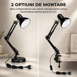 Lampa de Birou Elindor® Neagra cu LED, 3 Moduri Lumina Camera Rece/Cald si 10 Intensitati, Soclu Compatibil E26/E27, Veioza cu 2 Moduri de Utilizare cu Clema sau pe Birou, Brat Reglabil, Protectie pentru Ochi