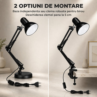 Lampa de Birou Elindor® Neagra cu LED, 3 Moduri Lumina Camera Rece/Cald si 10 Intensitati, Soclu Compatibil E26/E27, Veioza cu 2 Moduri de Utilizare cu Clema sau pe Birou, Brat Reglabil, Protectie pentru Ochi