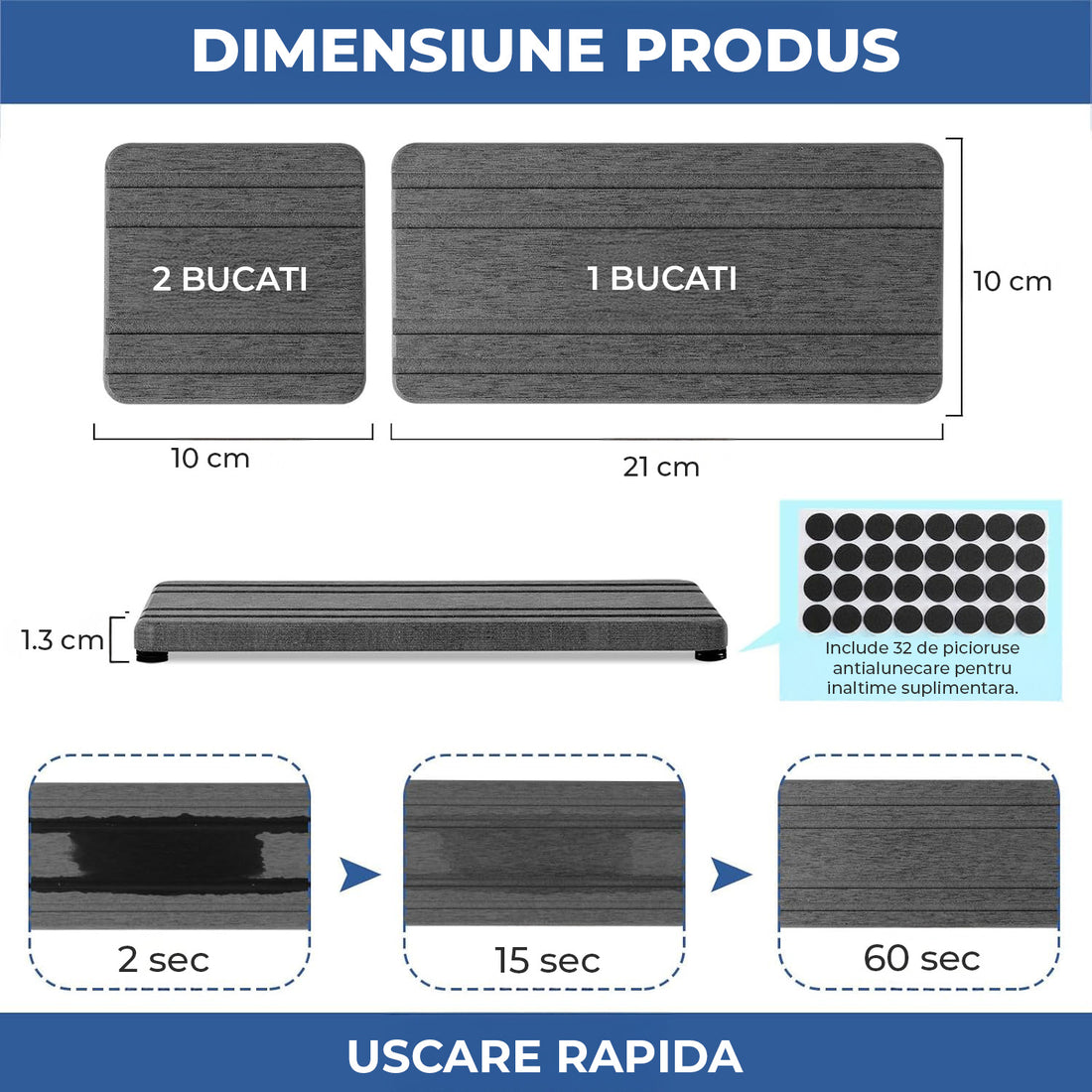 Set Tavi Absorbante Elindor® din Piatra, Diatomit, Uscare Rapida, Anti-Alunecare, pentru Chiuveta si Blat, Design Striat, 3 Piese, 21 x 10 cm si 10 x 10 cm, Gri Inchis