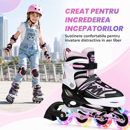 Role Reglabile Elindor® pentru Copii si Adulti, 4 Roti Luminoase din Silicon in Linie, Rulmenti ABEC-7, Frana Spate, Aluminiu / Poliuretan, Patine cu Rotile pentru Fete, Baieti, Dama, PM01 Marimea S, 28-31, Alb / Roz