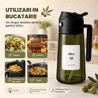 Pulverizator Ulei 2 în 1 Elindor®, Oliviera 470 ml, Sticla Dozatoare Multifunctionala, Control Precis, pentru Gatit, Friteuza cu Aer, Salate, Material Sticla si PVC, 18.1 x 7.7 cm, Negru